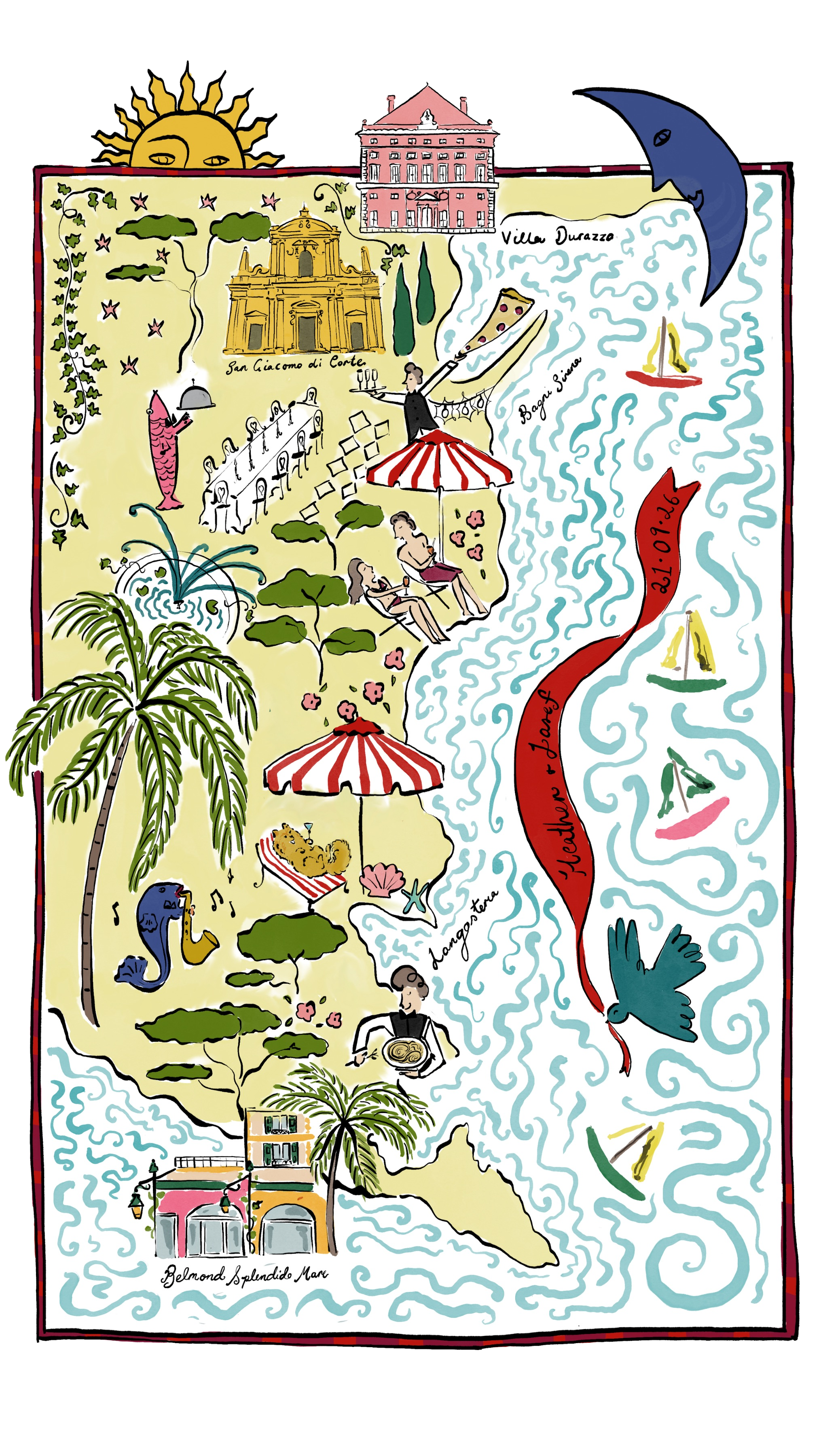 Hand-painted illustrated map of the Italian Riviera showing San Giacomo di Corte and the wedding weekend locations